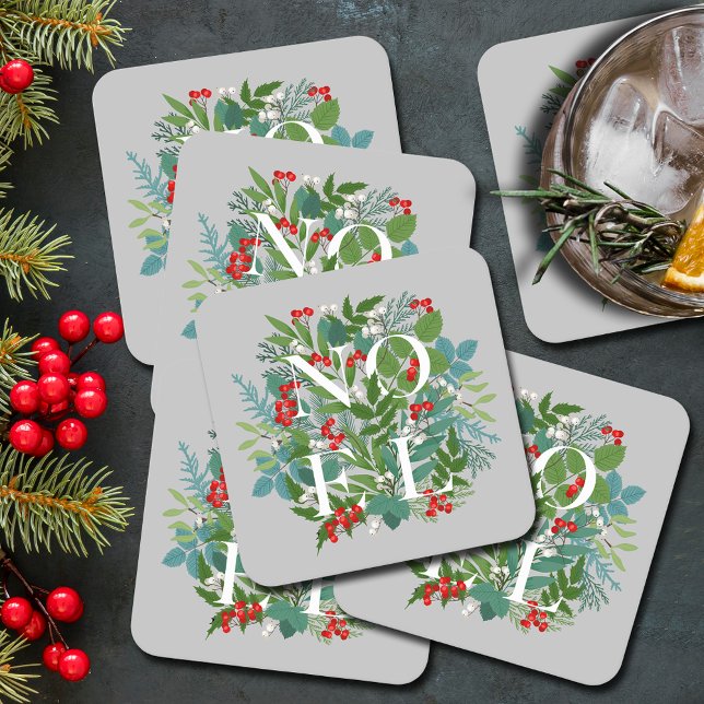 NOEL Berries and Greenery Christmas Square Paper Coaster (Creator Uploaded)
