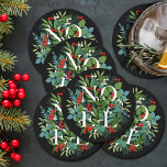 NOEL Berries Greenery Black Holiday Round Paper Coaster<br><div class="desc">The word NOEL among winter leaves and berries on a black background (or any color),  these paper coasters are elegant for any holiday Christmas occasion. MATCHING items in our store.</div>