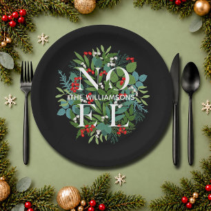 NOEL Berries Greenery Christmas Black Paper Plates