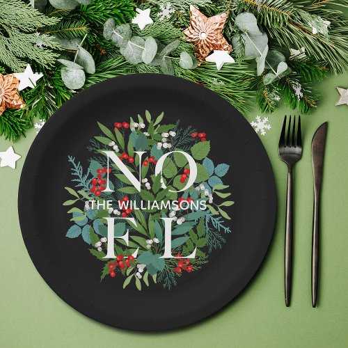 NOEL Berries Greenery Christmas Black Paper Plates