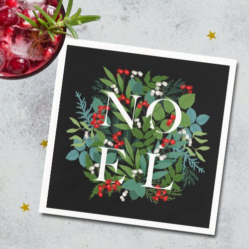 NOEL Berries Greenery on Black Christmas Napkins