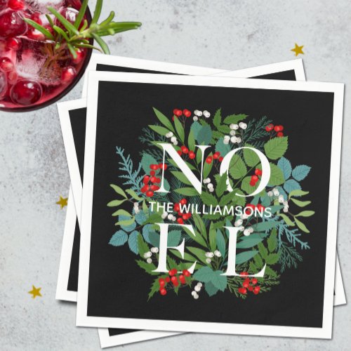 NOEL Berries Greenery Personalized Black Christmas Napkins