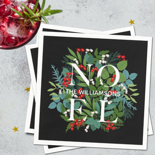 NOEL Berries Greenery Personalized Black Christmas Napkins (Creator Uploaded)