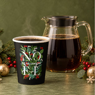 NOEL Berries Greenery Personalized Black Paper Cups