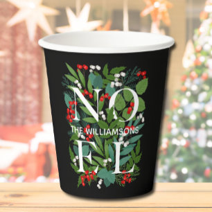NOEL Berries Greenery Personalized Black Paper Cups