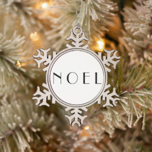 Noel Black And White Modern Minimalist Typography Snowflake Pewter Christmas Ornament