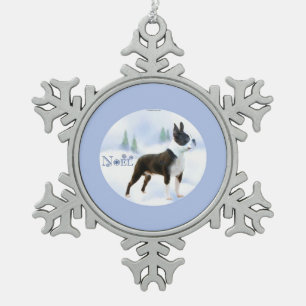 Noel Boston Terrier Keychain Snowflake Pewter Christmas Ornament