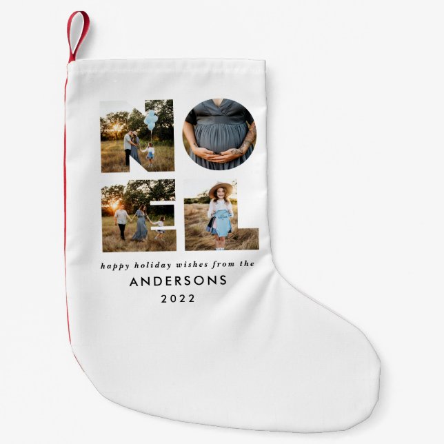 Noel Christmas bold modern 4 photo simple Holiday Small Christmas Stocking (Front)