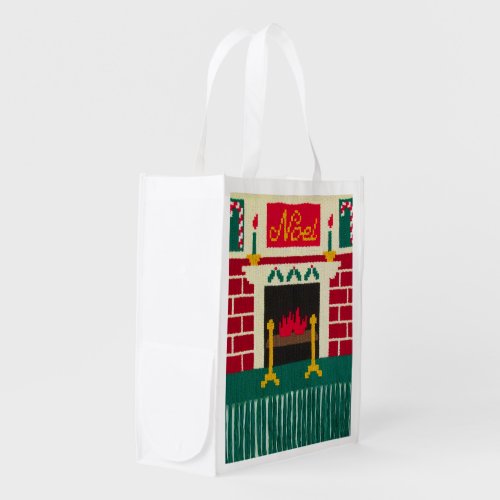 Noel Christmas Fireplace Artisan Crochet Print  Reusable Grocery Bag