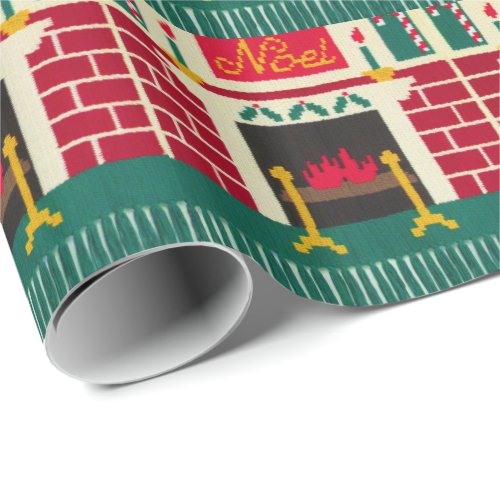 Noel Christmas Fireplace Artisan Crochet Print Wrapping Paper