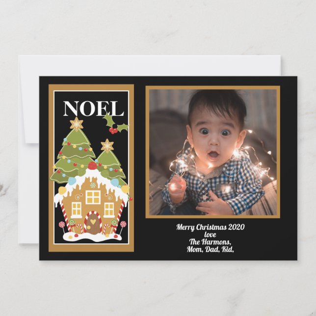 Noel Christmas Greeting Gingerbread House Photo Holiday Card (Front)