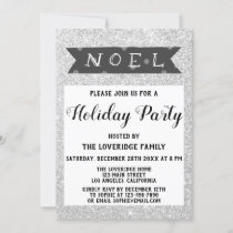 Noel Christmas Holiday Party Gray Silver Glitter Invitation