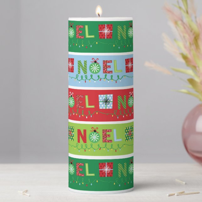 Noel Christmas Holidays Festive Modern Typography Pillar Candle (In Situ)