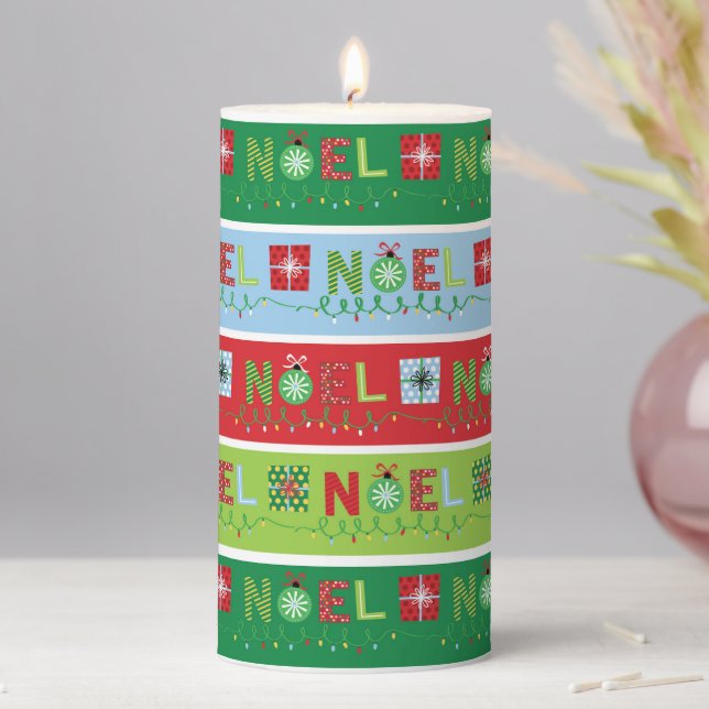 Noel Christmas Holidays Festive Modern Typography Pillar Candle (In Situ)