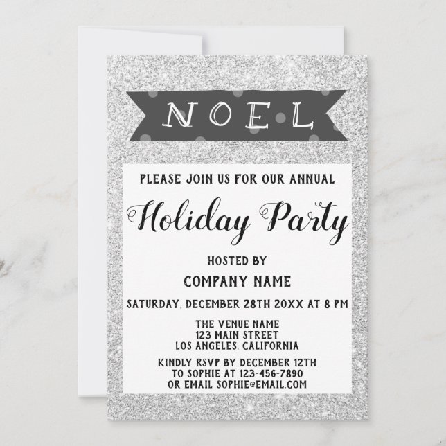 Noel Company Holiday Party Gray Silver Glitter Invitation (Front)