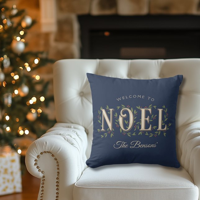 Noel Decorative Blue Personalized Christmas Throw Pillow (Creator Uploaded)