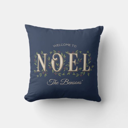 Noel Decorative Lettering Navy Blue SVG Christmas Throw Pillow