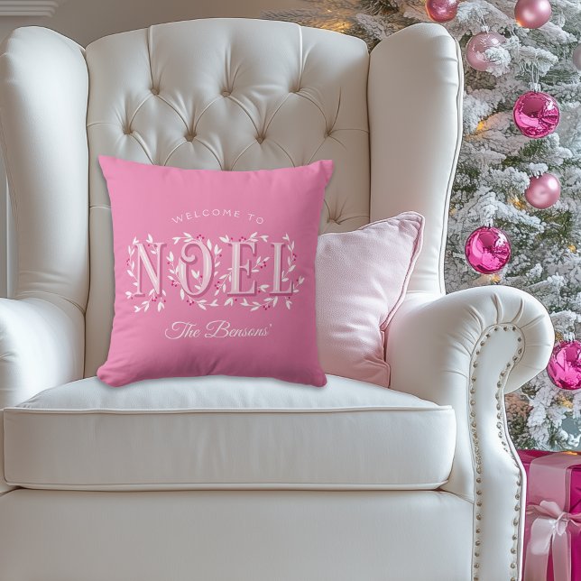 Noel Decorative Pink White Personalized Christmas Throw Pillow (Creator Uploaded)