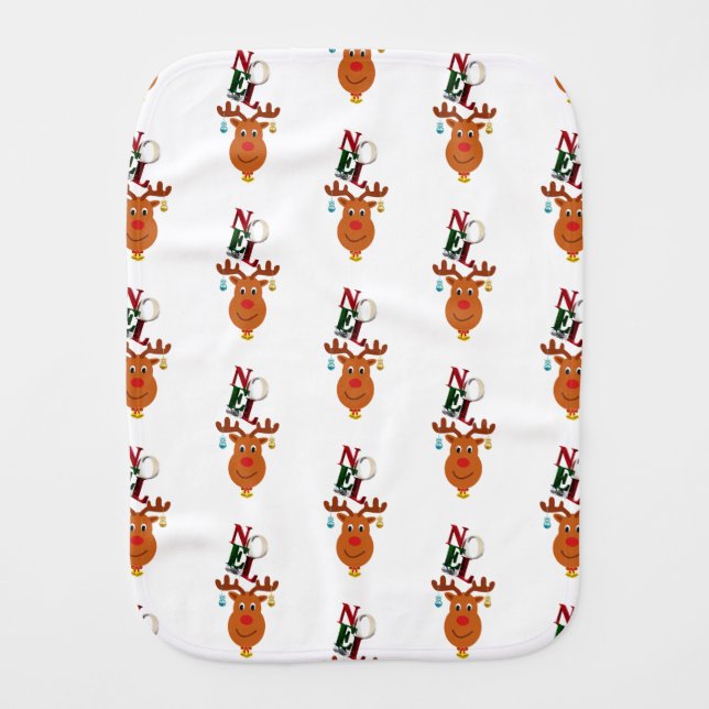 Noel Deer Bells Bauble Rudolf Snowflakes Christmas Baby Burp Cloth (Front)