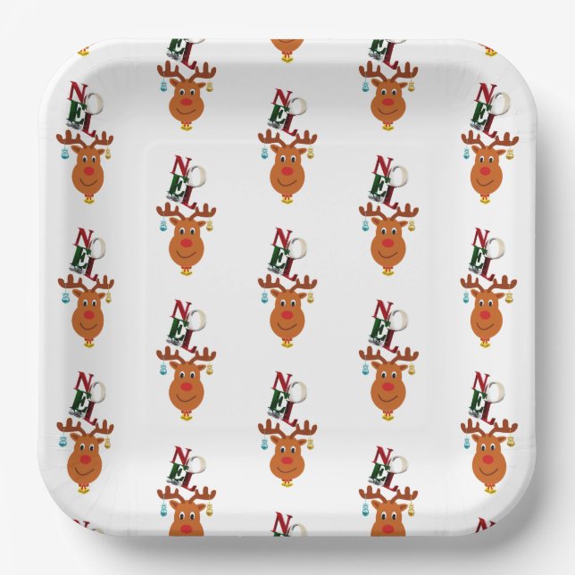 Noel Deer Bells Bauble Rudolf Snowflakes Christmas Paper Plates (Front)