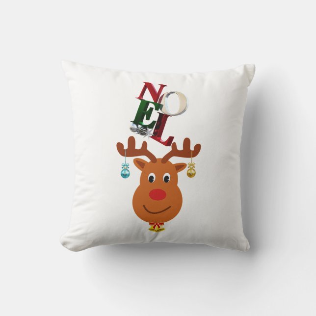 Noel Deer Bells Bauble Rudolf Snowflakes Christmas Throw Pillow (Front)