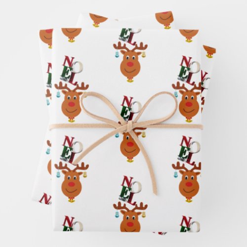 Noel Deer Bells Bauble Rudolf Snowflakes Christmas Wrapping Paper Sheets