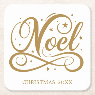 Noel Elegant Gold Script Christmas Holiday Square Paper Coaster