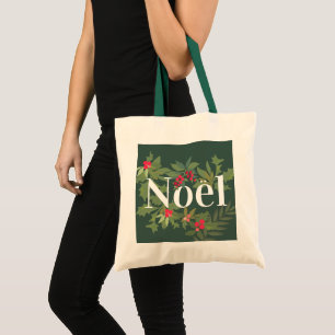 Noel evergreen leaves and berries holiday tote bag