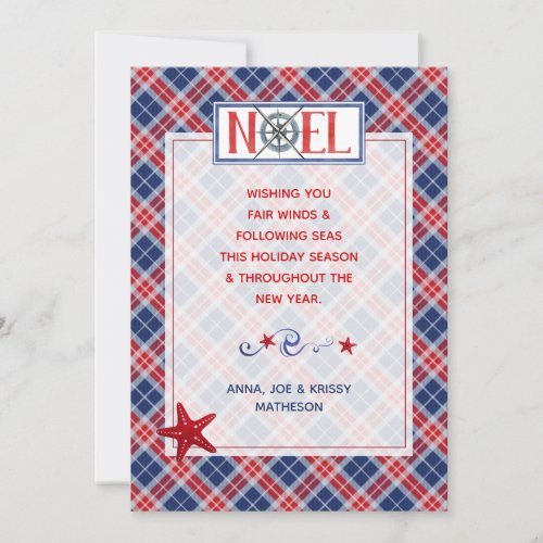 Noel Fair Winds Nautical Red Blue Plaid Christmas Holiday Card