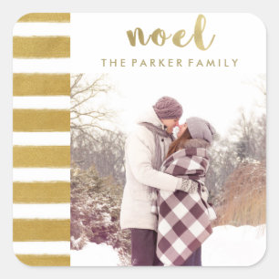 Noel Faux Gold Christmas Typography with Photo Square Sticker
