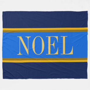 NOEL Festive Bright Blue Golden Brown Navy Stripes Fleece Blanket