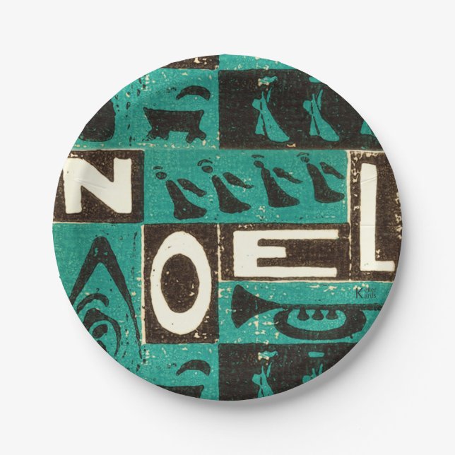 Noel Green Block Print Paper Plates (Front)