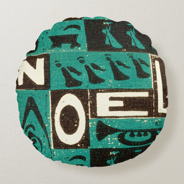 Noel Green Block Print Round Pillow (Front)