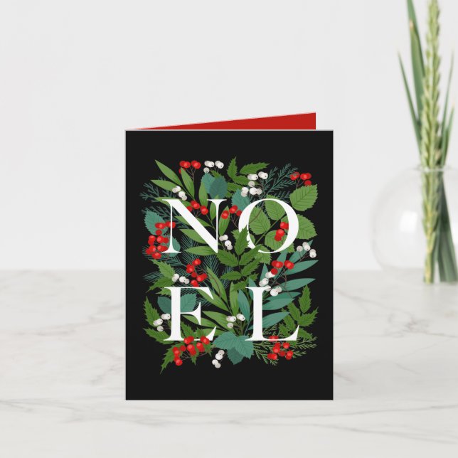 NOEL Greenery and Berries Folded Holiday Card (Front)