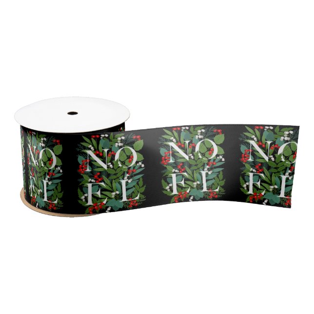 NOEL Greenery Berries Christmas Black Satin Ribbon (Spool)