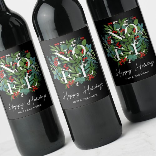 NOEL Greenery Berries Happy Holidays Wine Label