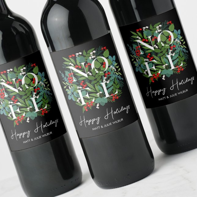 NOEL Greenery Berries Happy Holidays Wine Label (Creator Uploaded)
