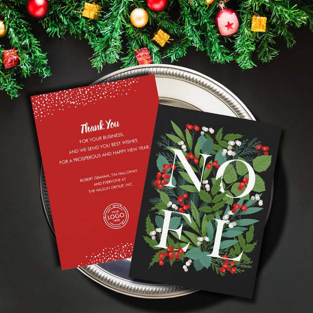 NOEL Greenery Business Greeting Holiday Card (NOEL greenery business greeting holiday cards with your message and logo on the back)