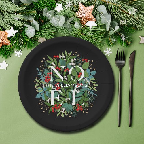 NOEL Greenery Christmas Black Paper Plates