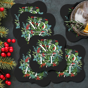 NOEL Greenery Holiday Black Paper Coaster