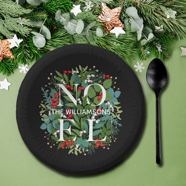 NOEL Greenery Personalized Black Christmas Paper Bowls (Creator Uploaded)