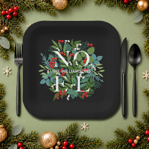 NOEL Greenery Personalized Black Christmas Paper Plates