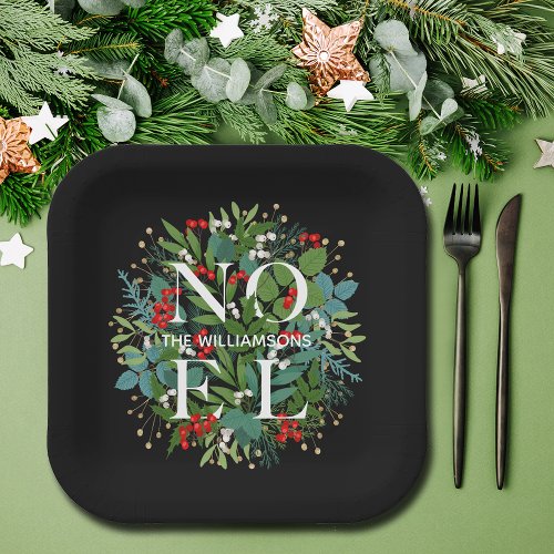 NOEL Greenery Personalized Black Christmas Paper Plates
