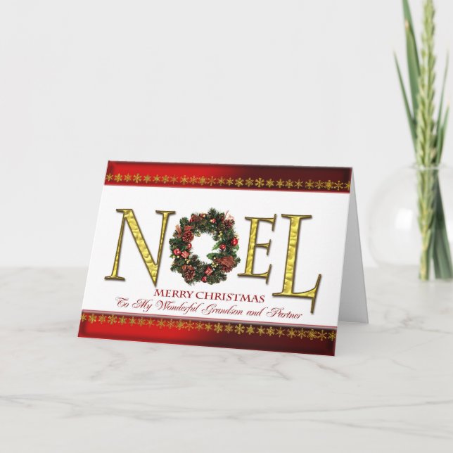 Noel greetings for grandson and partner holiday card (Front)