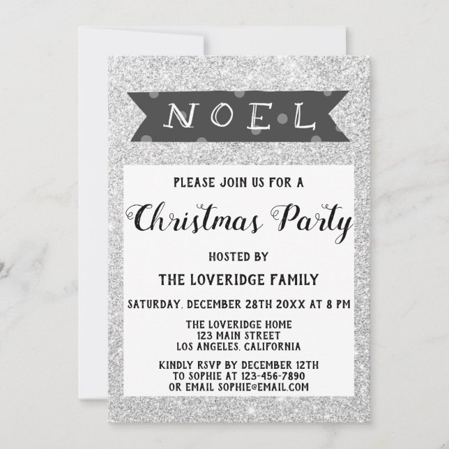 Noel Holiday Christmas Party Gray Silver Glitter Invitation (Front)