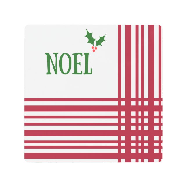 Noel Holiday Holly Red and White Plaid Retro Metal Print (Front)