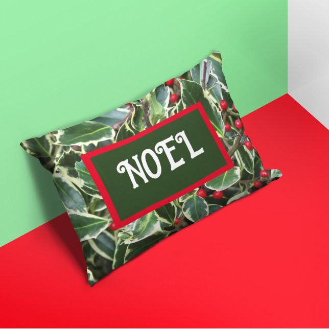 Noel Holly Leaves and Red Berries Holiday Accent Pillow (In Situ)