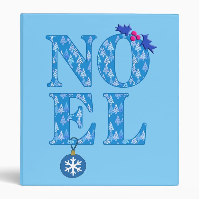 NOEL in a Blue Christmas Tree Pattern 3 Ring Binder (Front)