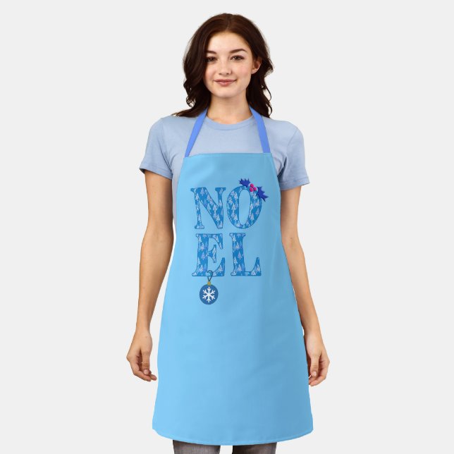 NOEL in a Blue Christmas Tree Pattern Apron (Worn)