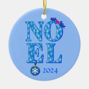 NOEL in a Blue Christmas Tree Pattern Ceramic Ornament